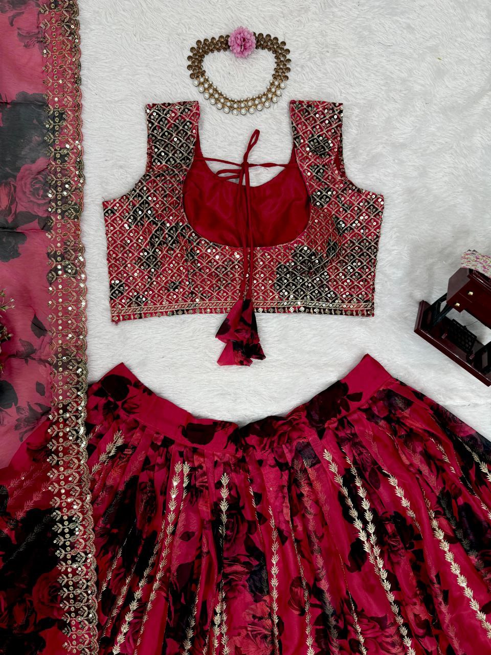 Tabby Organza Lehenga, Sequin Work Lehenga, Organza Choli Set, Full Stitch Lehenga, Lace Border Dupatta, Lightweight Lehenga, Wedding Lehenga Choli, Festive Ethnic Wear, Designer Organza Lehenga, Traditional Lehenga Choli, 3 Meter Flair Lehenga, Unstitched Blouse, Micro Inner Lehenga