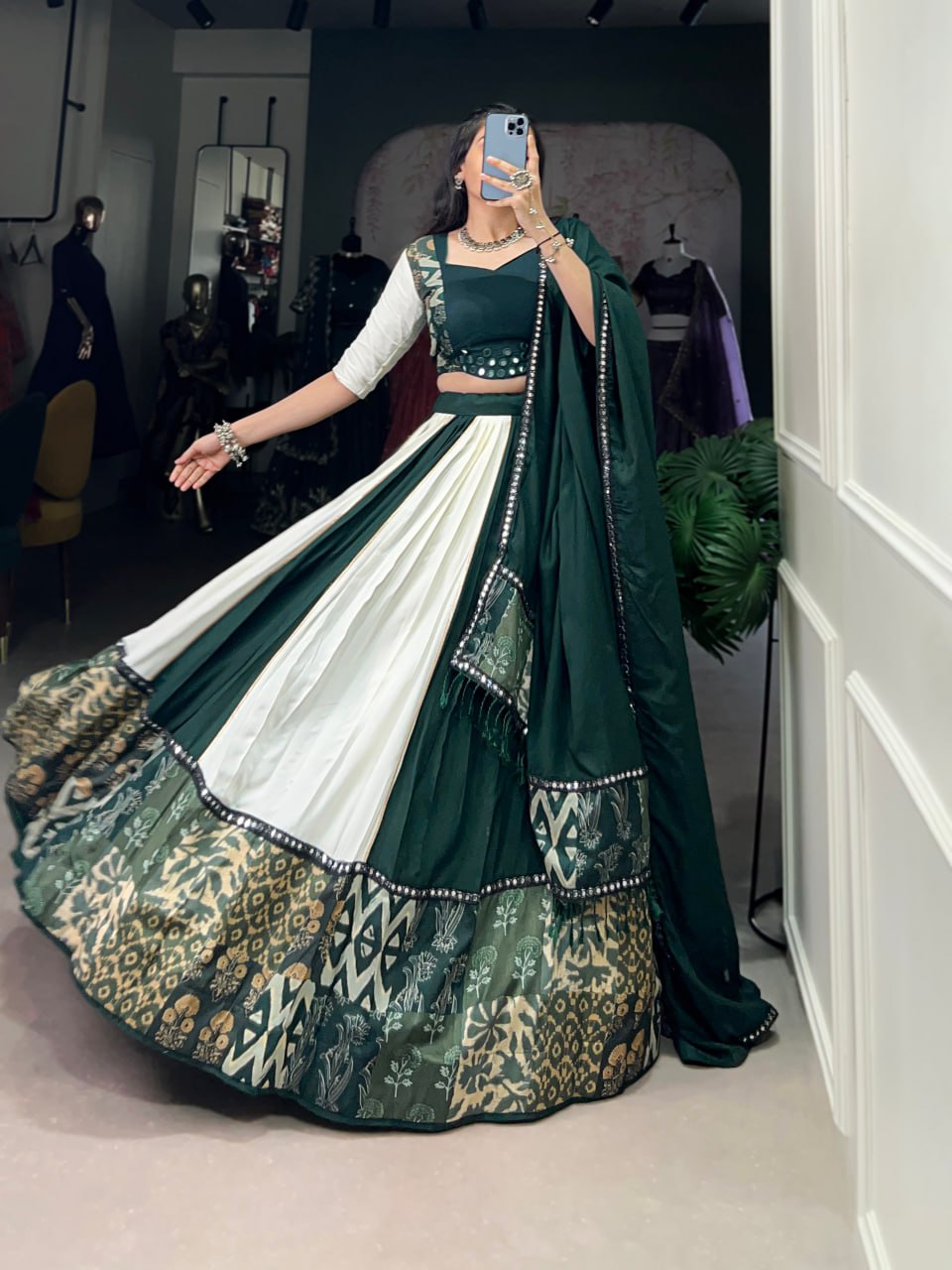 Green Rayon Printed Lehenga Choli with Mirror Work & Gota Patti