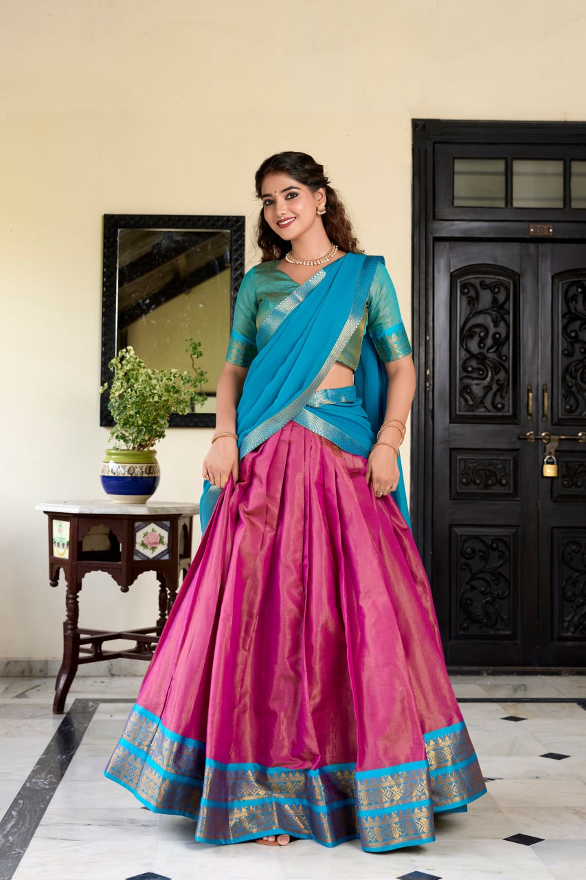 Pink Heritage Kanchipuram Silk Lehenga Choli with Zari Weaving & Dupatta