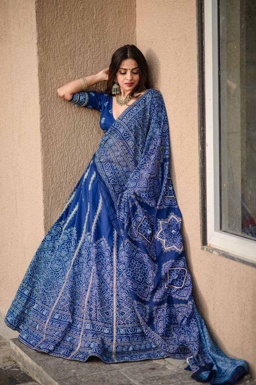 Bandhani Lehenga Choli, Navratri Lehenga, Vaishali Silk Chaniya Choli, Blue Festive Lehenga, Gota Patti Work, Traditional Indian Wear, Chaniya Choli for Dandiya, Maslin Silk Dupatta, Bandhani Print Set, Unstitched Blouse Lehenga