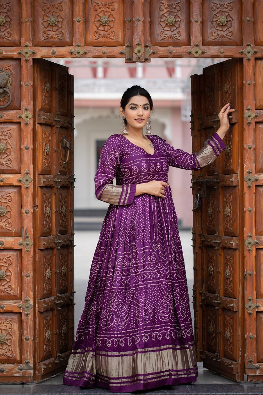 Wine Bandhej Gown, Gaji Silk Gown, Bandhani Print Dress, Navratri Gown, Traditional Indian Gown, Ethnic Wear for Women, Ready to Wear Gown, Full Flare Gown, Festive Silk Dress, Long Gown for Garba