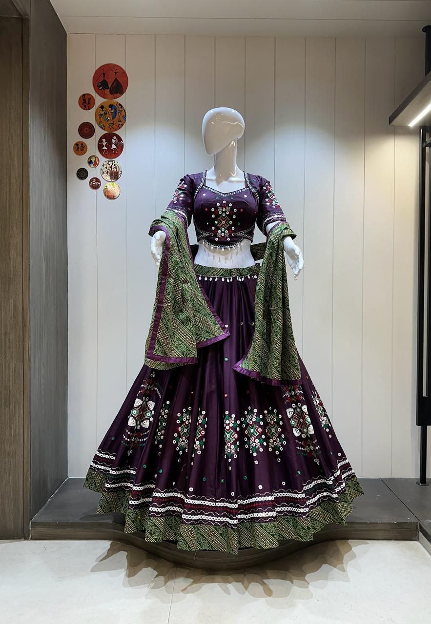 Jam Cotton Chaniya Choli, Aari Work Chaniya Choli, Kunjo Choli Set, Bandhani Dupatta Chaniya Choli, Heavy Work Lehenga Choli, L Size Chaniya Choli, Navratri Outfit, Garba Dress, Indian Ethnic Wear, Cotton Ghagra Choli, Traditional Choli Set, 8 Meter Flare Chaniya Choli