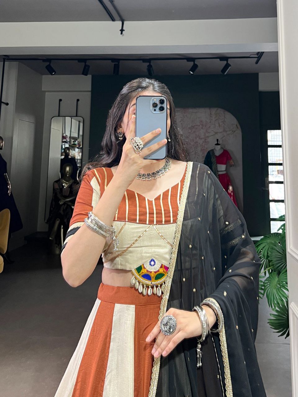 Navratri Lehenga 2025, Mirror Work Blouse, Chinon Lehenga Choli, Gamthi Work Lehenga, Kodi Lace Blouse, Gotta Patti Lehenga, 6 Meter Flair Lehenga, Garba Night Outfit, Stitched Navratri Lehenga, Georgette Embroidered Dupatta, Garba Look 2025, Traditional Festival Wear, Canvas Lined Lehenga