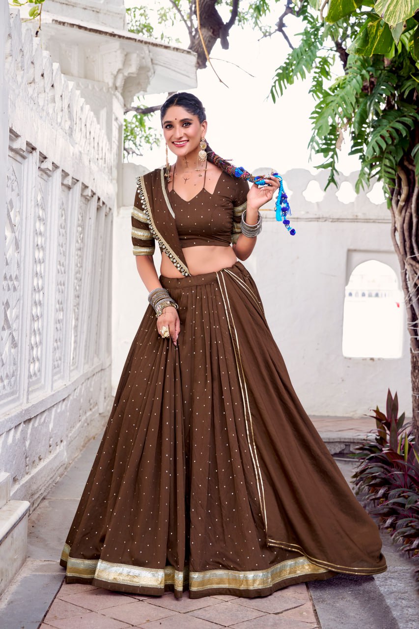 Brown Pure Chanderi Silk Lehenga Choli With Zari Weaving & Lace Touch Up
