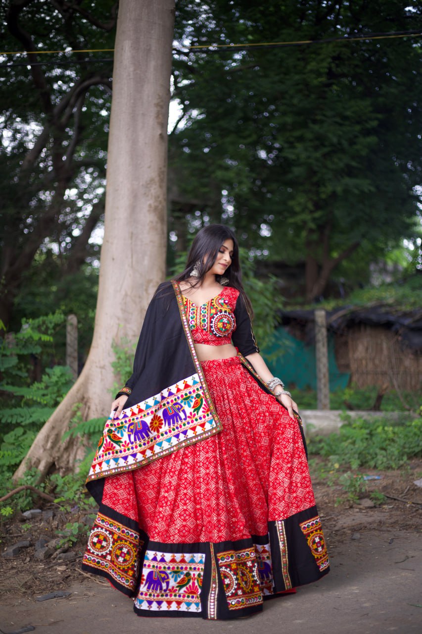 Red Pure Cotton Mirror work Gamthi Lehenga Choli & Dupatta