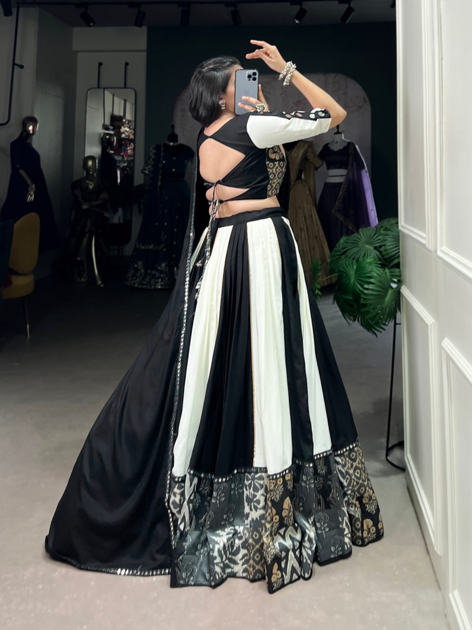 Black Rayon Printed Lehenga Choli with Mirror Work & Gota Patti