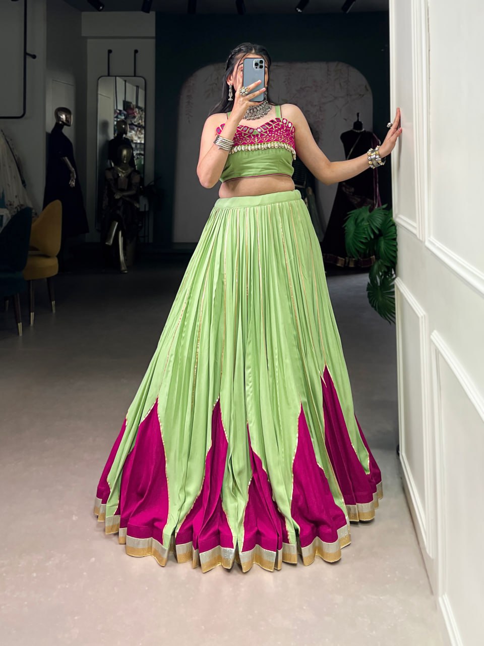 Pure Rayon Green Navratri Lehenga, Green Gamthi Work Lehenga Choli, Mirror Work Navratri Outfit, Gota Patti Blouse Lehenga Choli, Stitched Rayon Lehenga for Women, Green Traditional Navratri Chaniya Choli, Designer Lehenga Choli 2025, Festival Wear Lehenga for Garba, Cowrie Lace Work Lehenga Choli, Women’s Ethnic Wear for Navratri