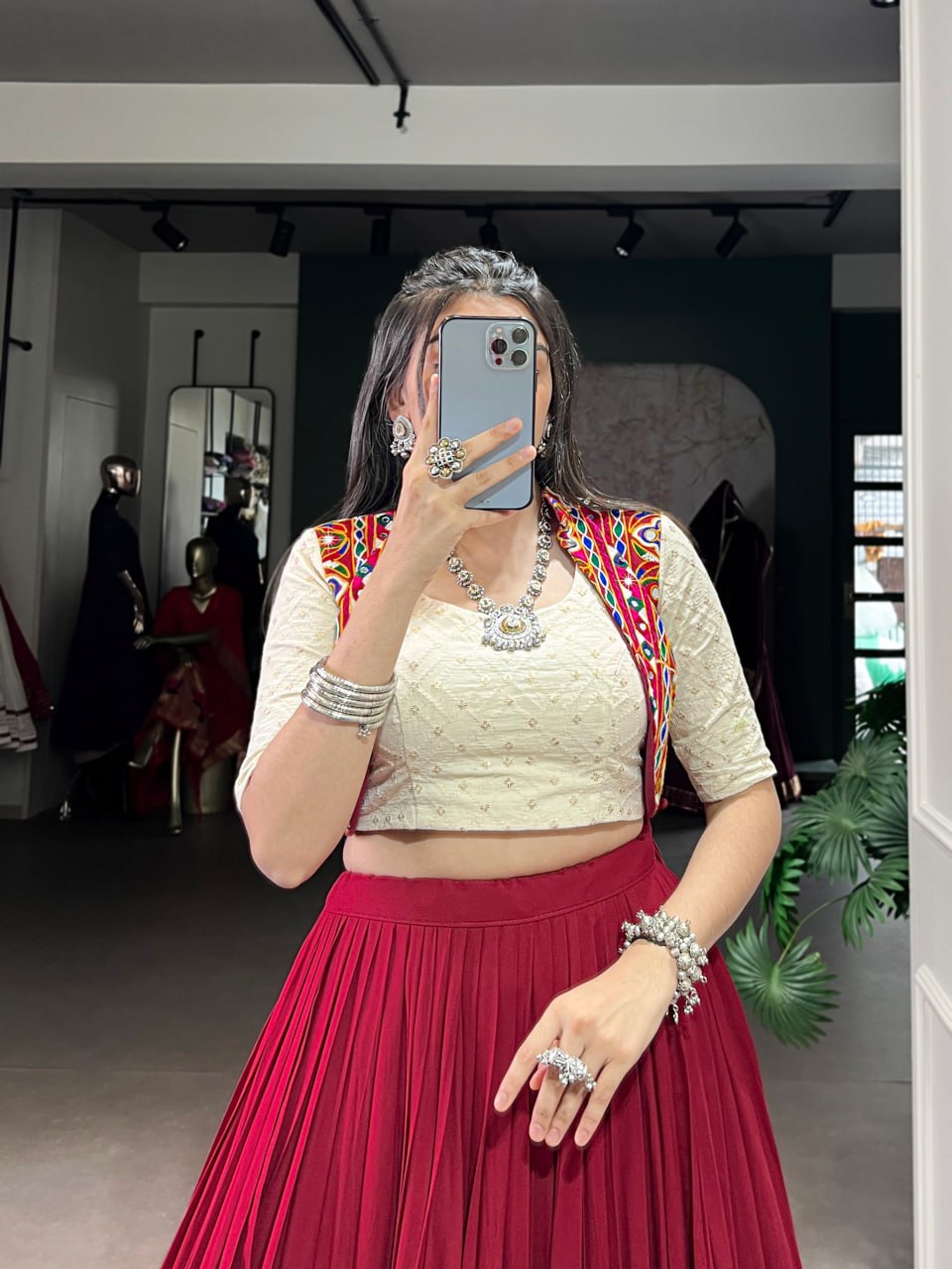 Designer Rayon Lehenga Choli with Khadi Cotton Mirror Gamthi Blouse