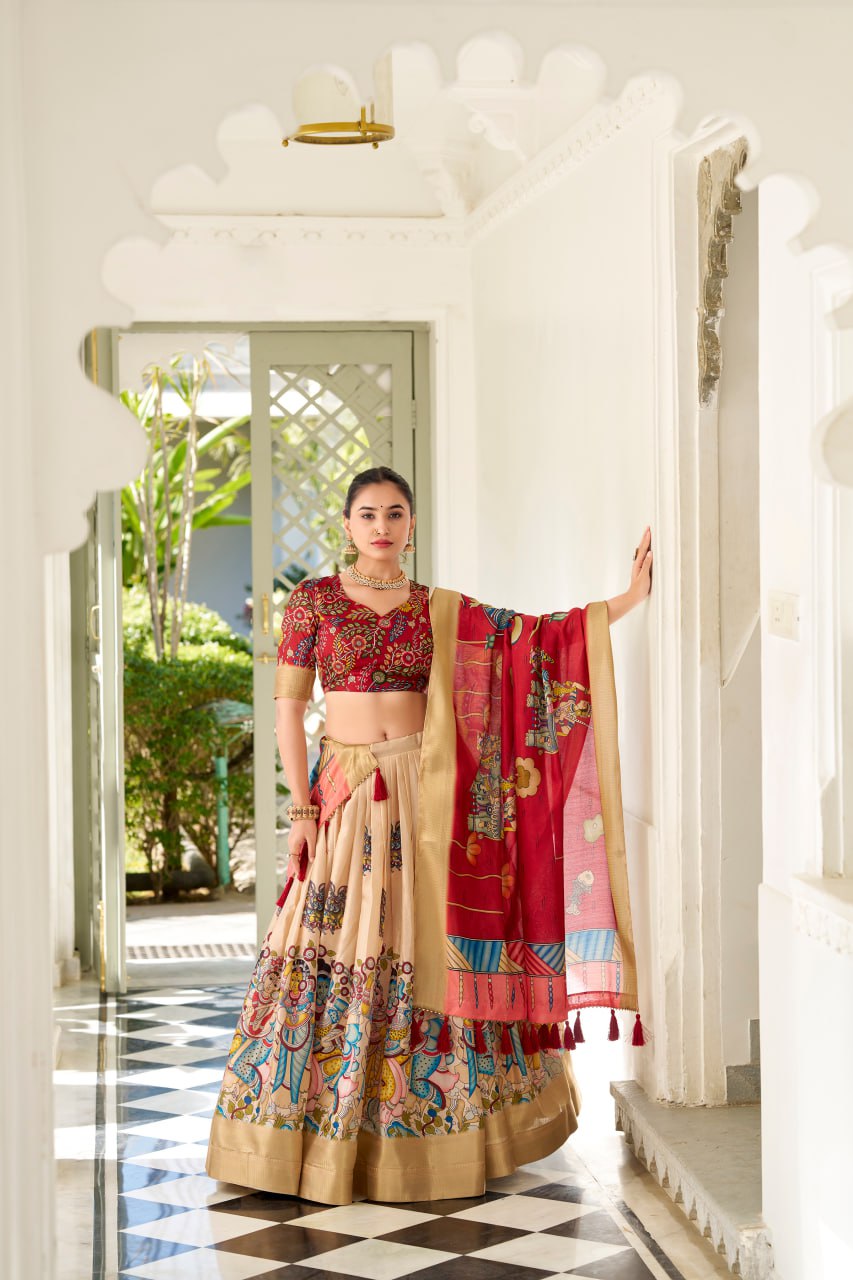 Dola Silk Lehenga Choli, Kalamkari Print Garba Choli, Festival Wear Lehenga Choli 2025, Designer Silk Lehenga for Women, Traditional Garba Outfit Online, Weaving Border Lehenga Choli Set, Tassel Dupatta Lehenga Choli, Indian Ethnic Wear for Festivals, Stitched Dola Silk Lehenga Set, Kalamkari Print Silk Chaniya Choli