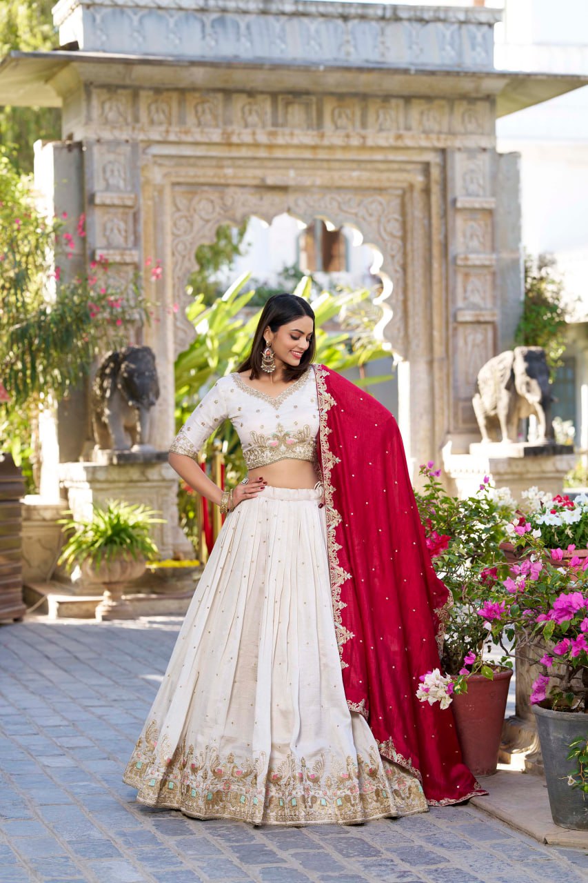 Off White Vichitra Silk Bridesmaid Lehenga Choli with Sequins & Thread Embroidery
