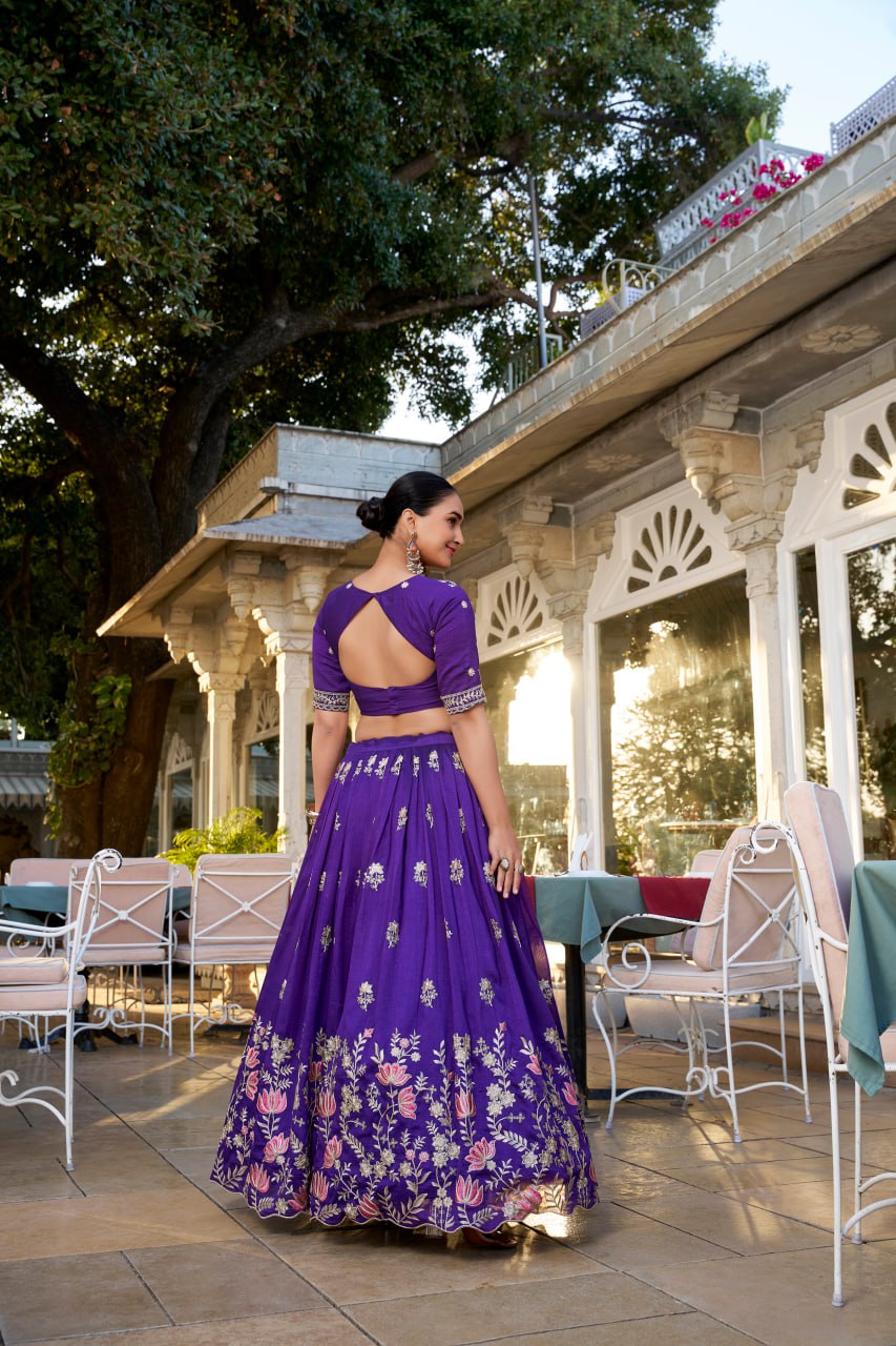 Purple Vichitra Silk Bridesmaid Lehenga Choli with Sequins & Thread Embroidery