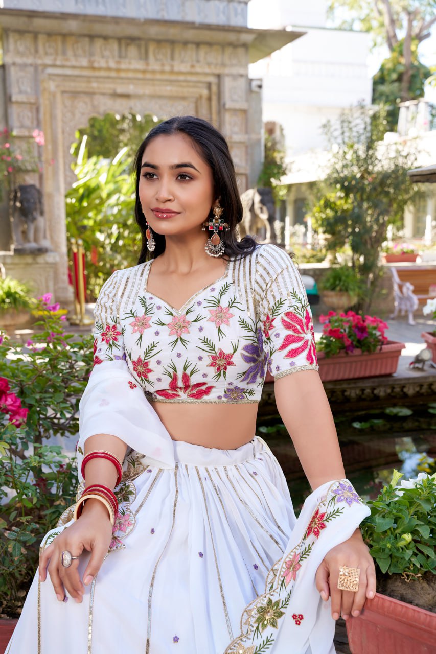 Designer White Bridal Party Lehenga Choli with Sequins & Thread Embroidery