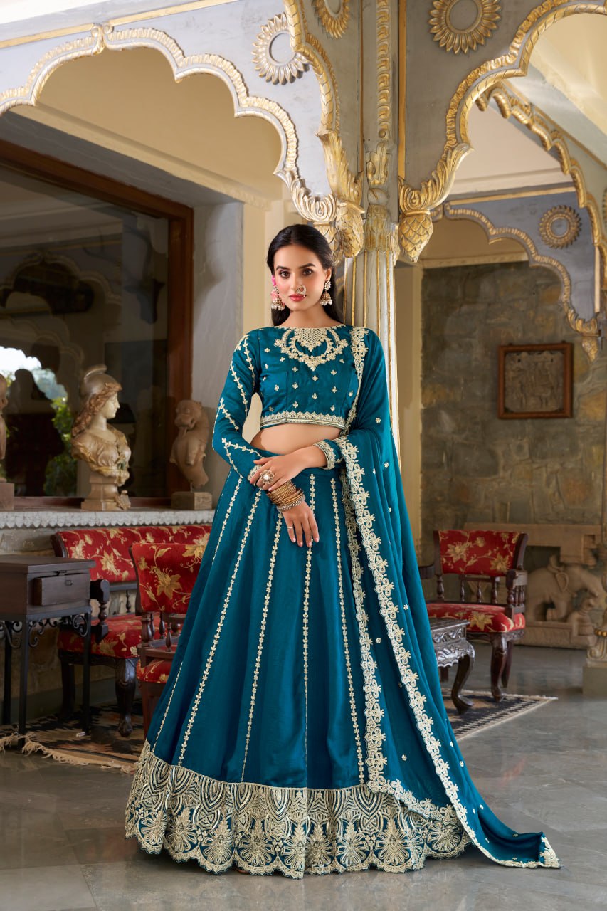 Teal Firozi Vichitra Silk Wedding Lehenga Choli with Sequins