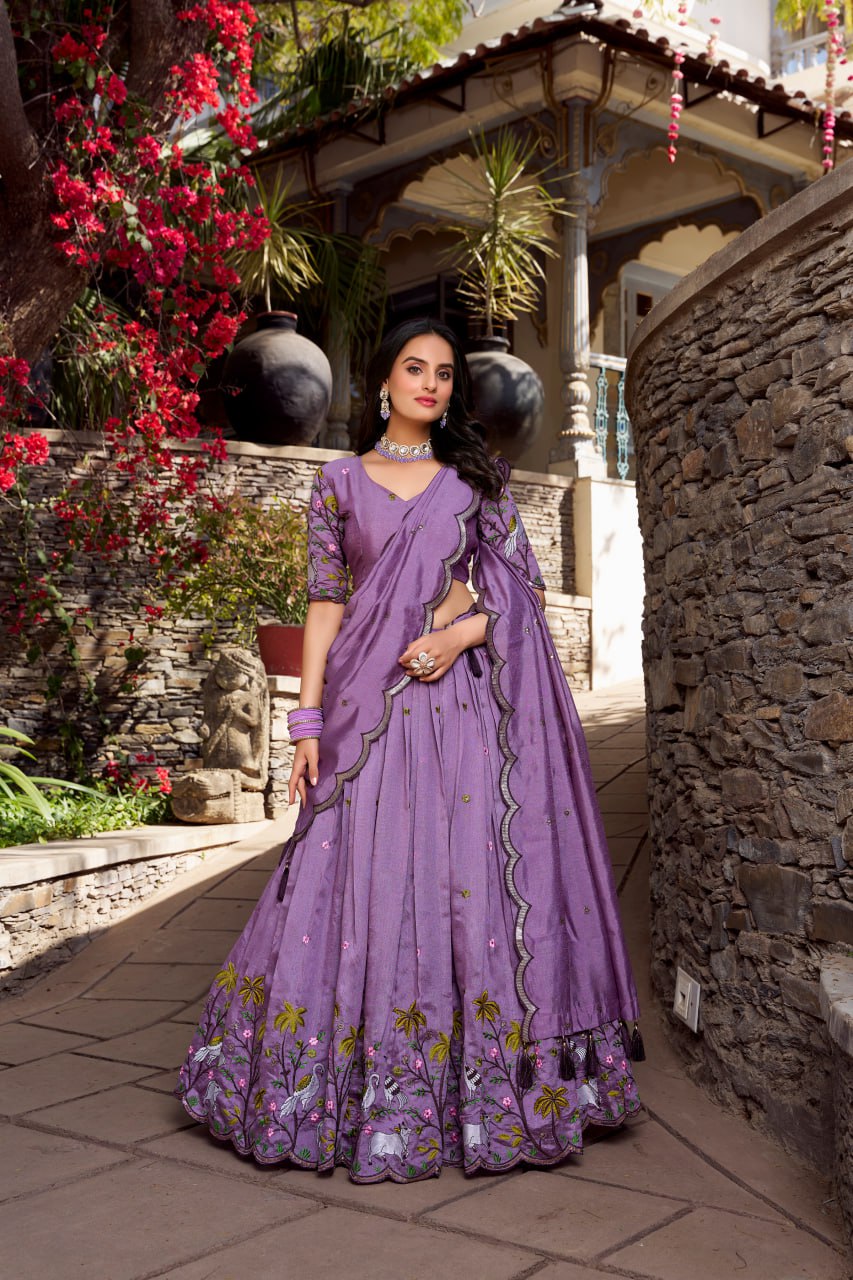 Designer Lavender Vichitra Simmer Party Wear Lehenga Choli