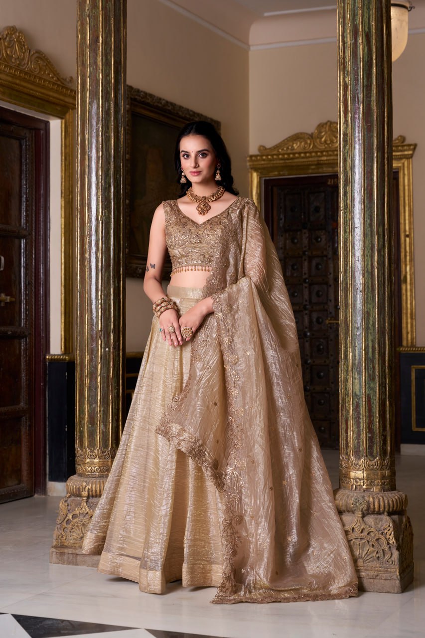 Light Brown Color Bridesmaid Lehenga Choli in Gold Crush – Drapes Dress