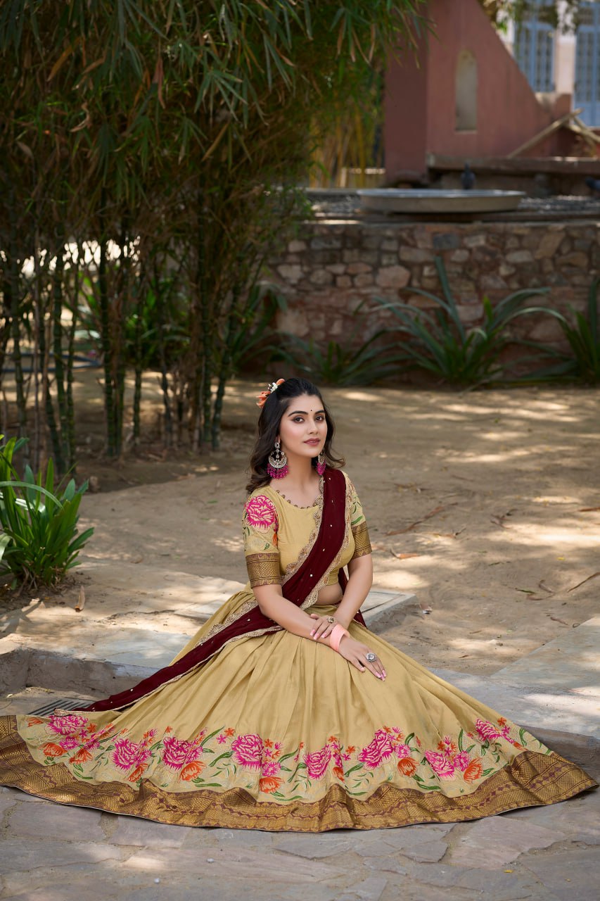 Cream Cotton Silk Lehenga Choli with Thread Embroidery With Drape Georgette Dupatta