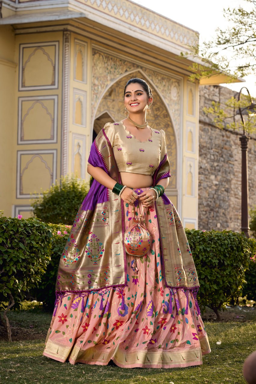 Peach Paithani Lehenga Choli with Zari Weaving Work, Dupatta & Batwa