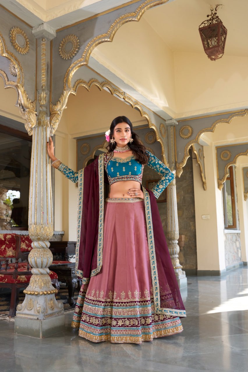 Designer Peach Bridesmaid Lehenga Choli with Sequins & Dupatta