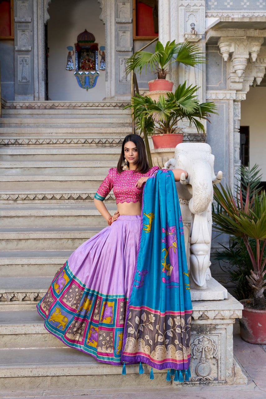Turquoise Blue & Purple Kalamkari Lehenga Choli with Foil Work & Gota Patti Dupatta