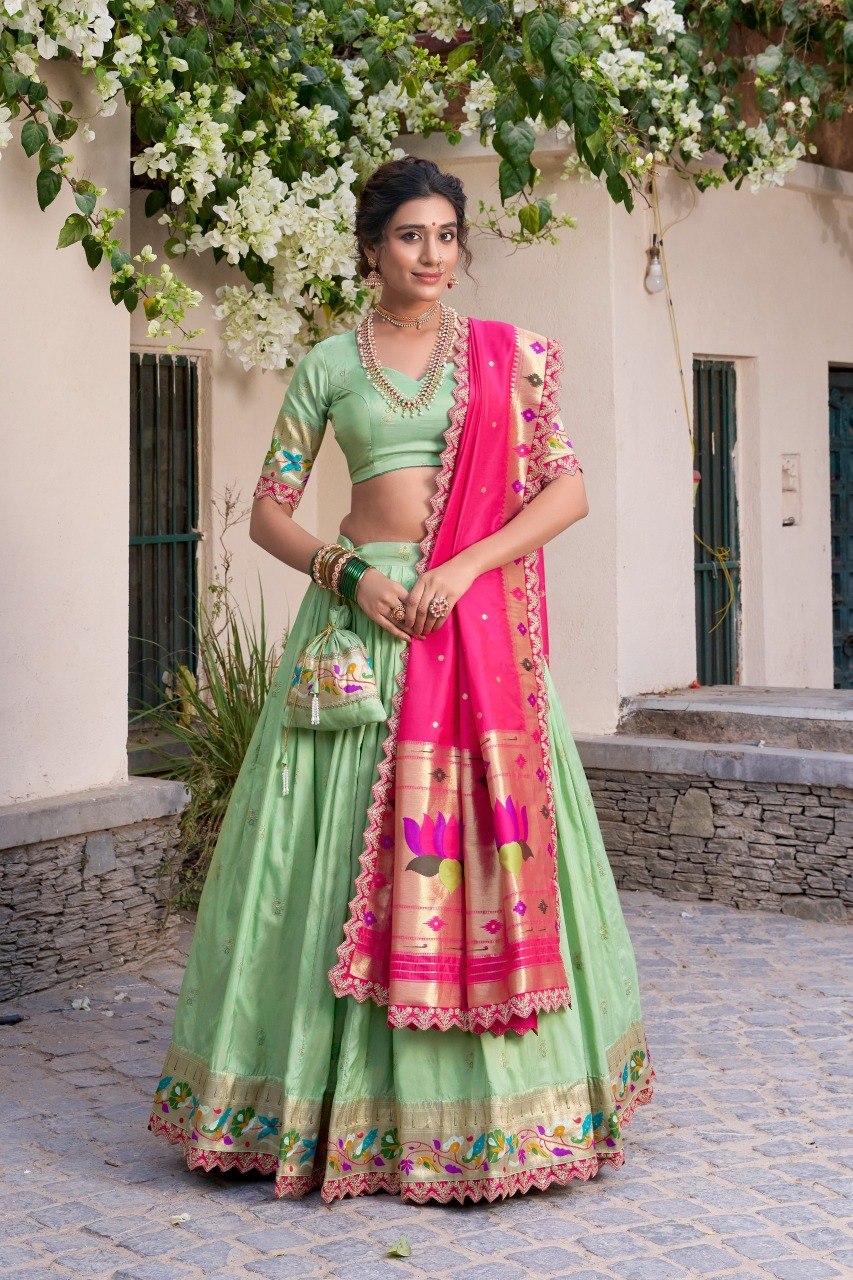 Light Green Jacquard Silk Paithani Work Lehenga Choli with Dupatta