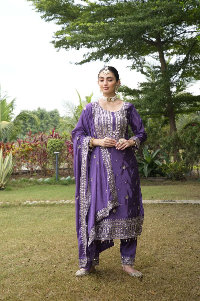 Designer Chinon Embroidered Suit Set | Festive Ethnic Wear Drape Dress