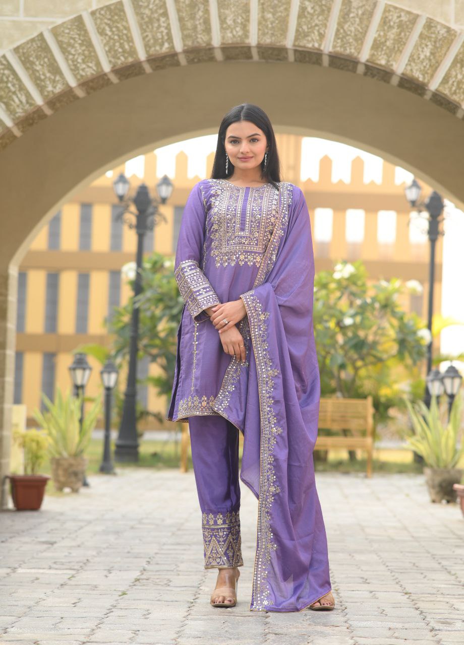 Designer Chinon Sequin Embroidered Salwar Suit | Party Wear Drape Dress