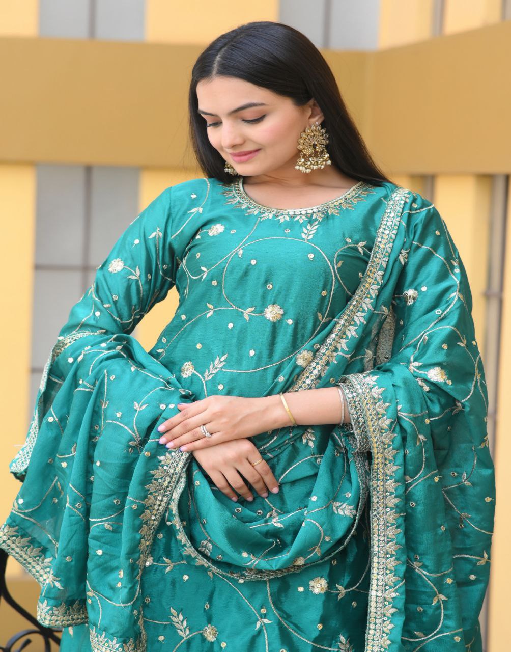 Designer Chinon Sequin-Embroidered Suit | Party-Ready Salwar Kameez Drape Dress