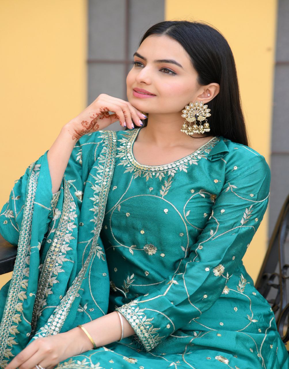 Designer Chinon Sequin-Embroidered Suit | Party-Ready Salwar Kameez Drape Dress