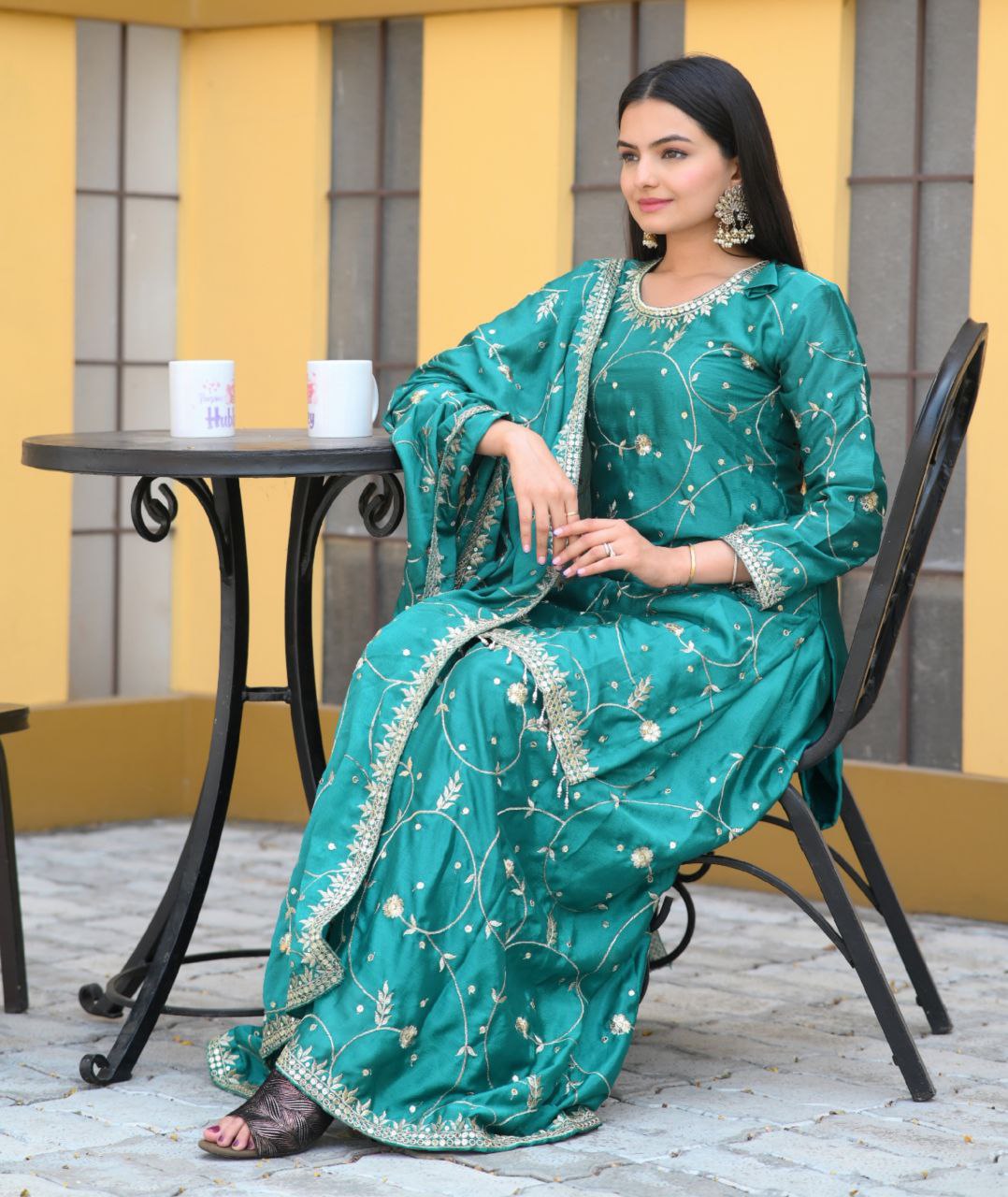 Designer Chinon Sequin-Embroidered Suit | Party-Ready Salwar Kameez Drape Dress