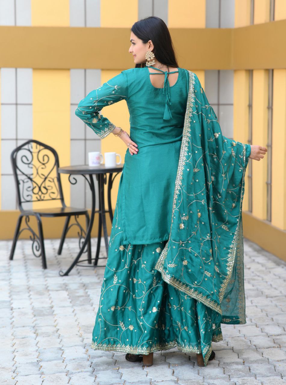 Designer Chinon Sequin-Embroidered Suit | Party-Ready Salwar Kameez Drape Dress