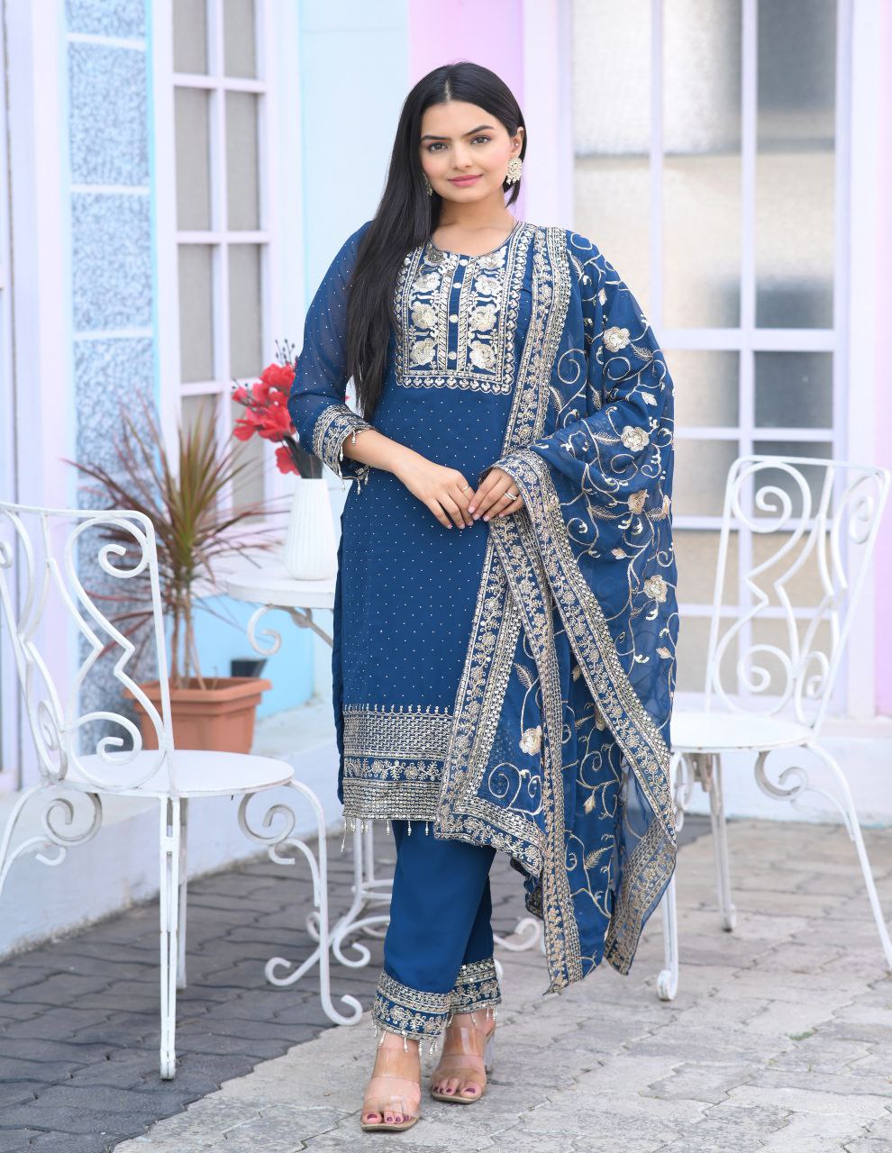 Fox Georgette Designer Embroidered Stone-Work Suit | Party Wear Salwar Kameez Drape Dress