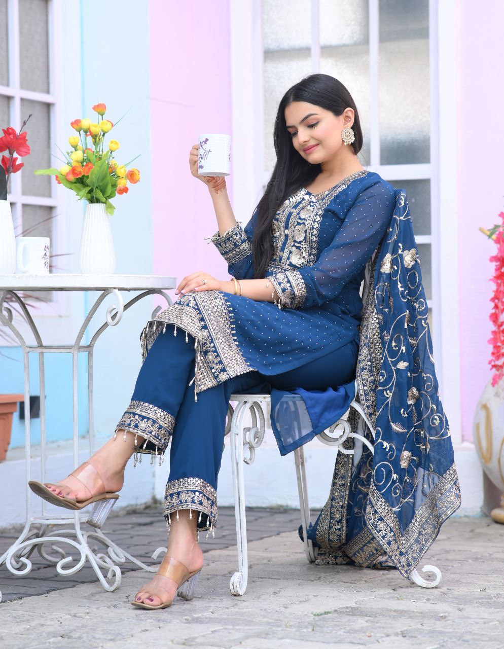 Fox Georgette Designer Embroidered Stone-Work Suit | Party Wear Salwar Kameez Drape Dress