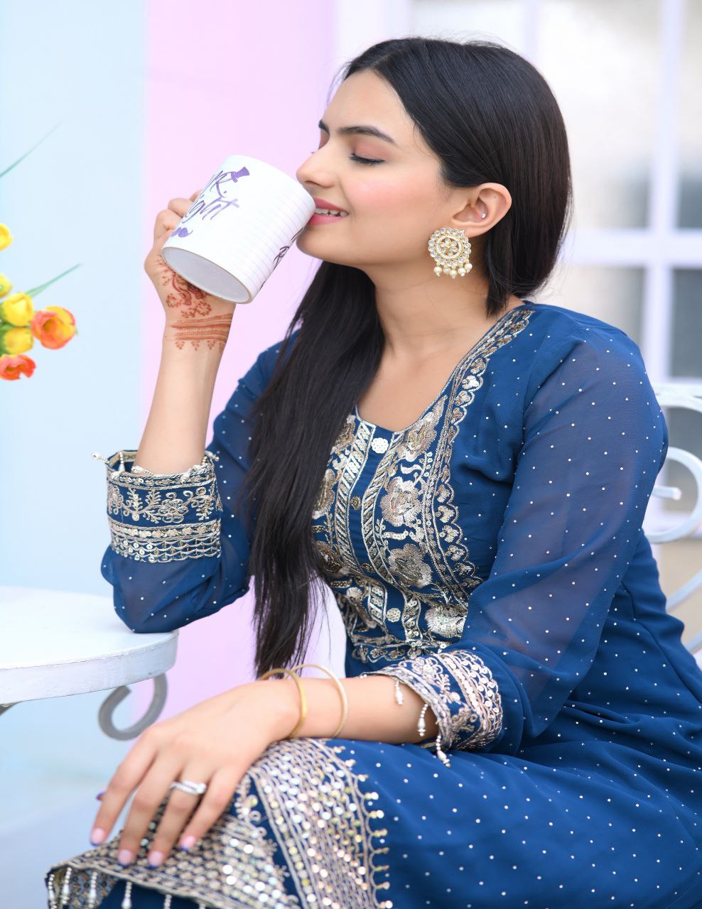 Fox Georgette Designer Embroidered Stone-Work Suit | Party Wear Salwar Kameez Drape Dress