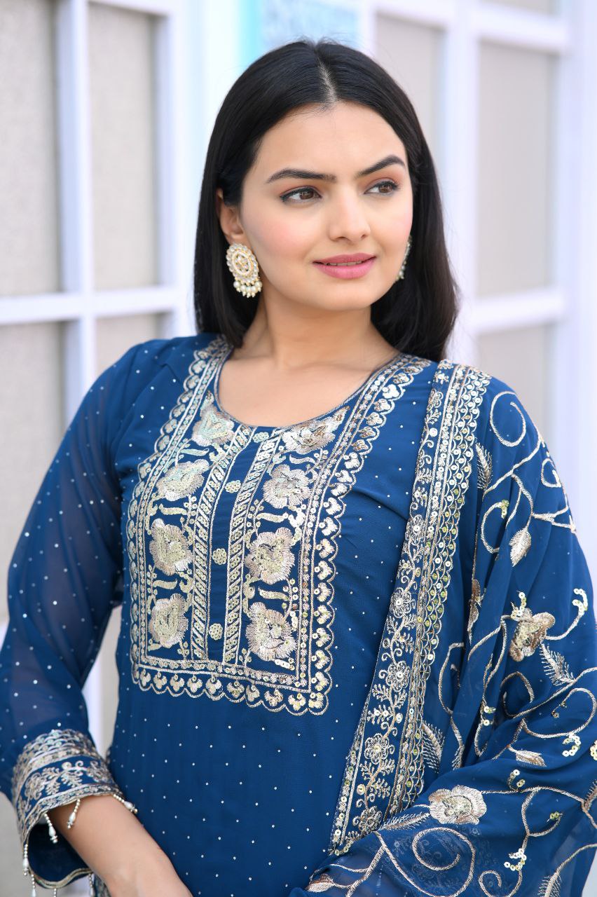 Fox Georgette Designer Embroidered Stone-Work Suit | Party Wear Salwar Kameez Drape Dress
