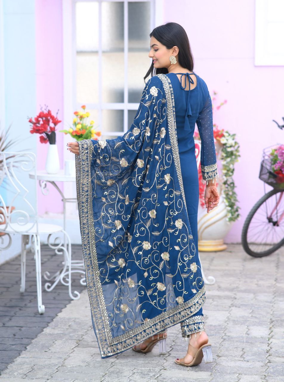 Fox Georgette Designer Embroidered Stone-Work Suit | Party Wear Salwar Kameez Drape Dress