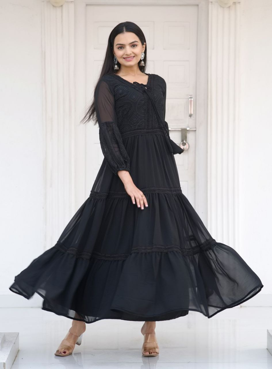 Designer Fox Georgette Embroidered Gown | Party Wear Dress Drape Dress