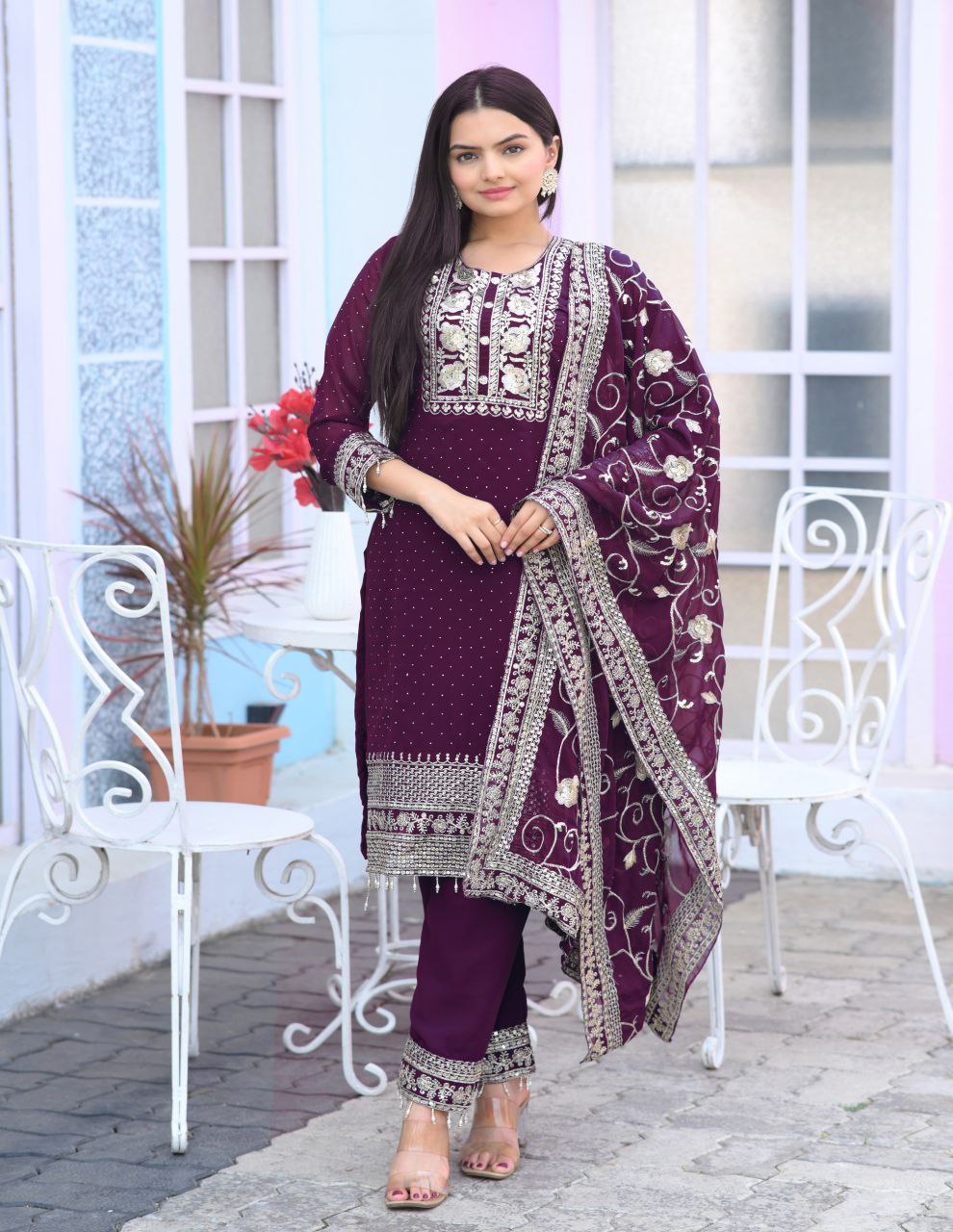 Fox Georgette Designer Embroidered Stone-Work Suit | Party Wear Salwar Kameez Drape Dress