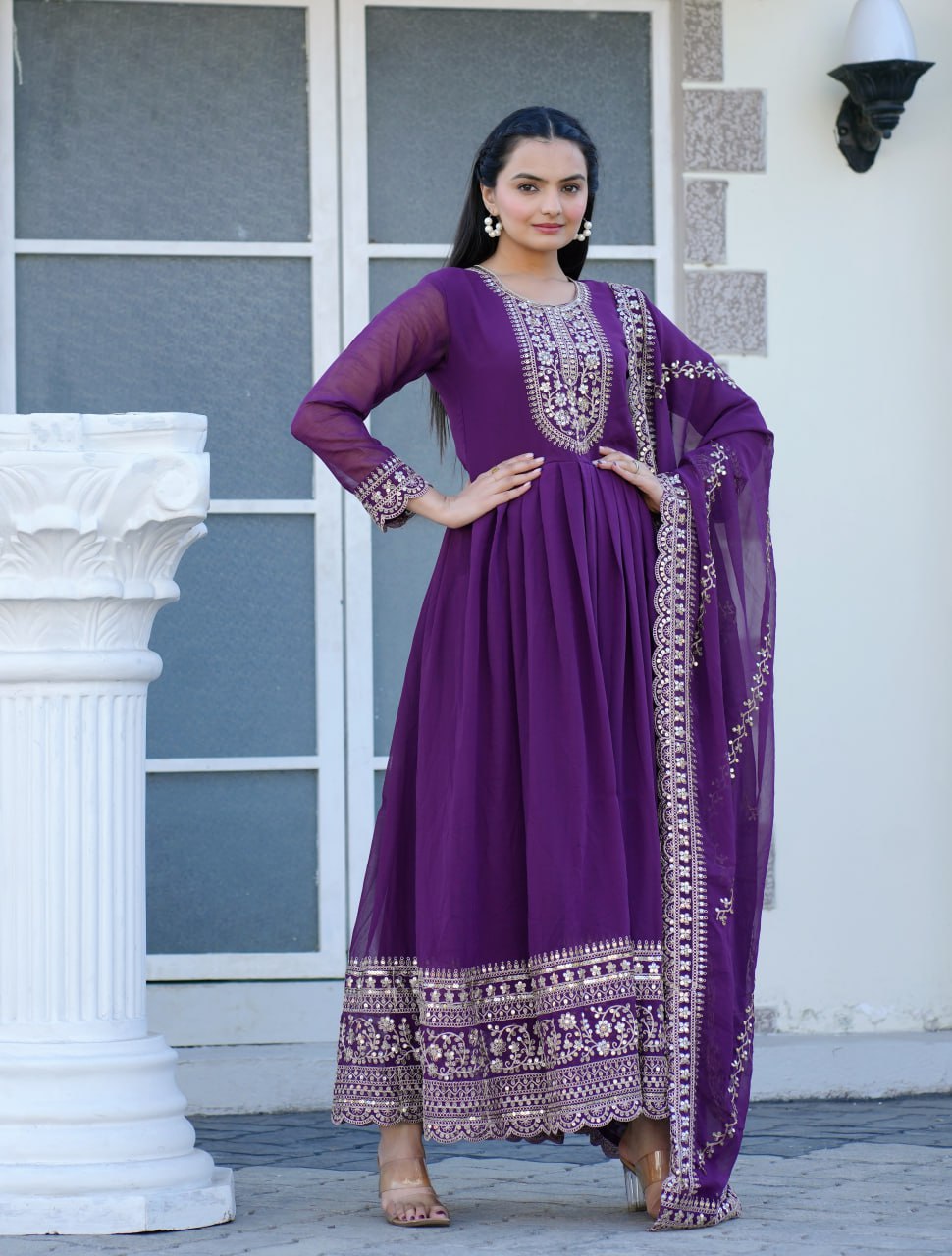 Designer Embroidered Gown with Coding Sequin Work | Party-Wear Evening Dress Drape Dress