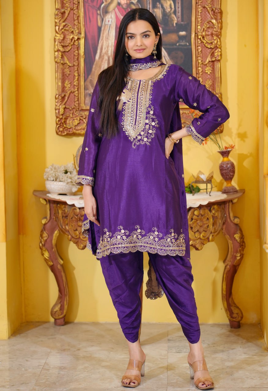 Designer Chinon Dhoti Suit | Sequin Embroidered Party Wear Drape Dress