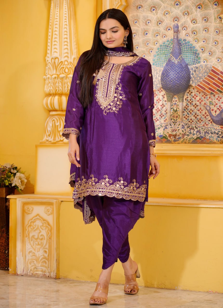 Designer Chinon Dhoti Suit | Sequin Embroidered Party Wear Drape Dress