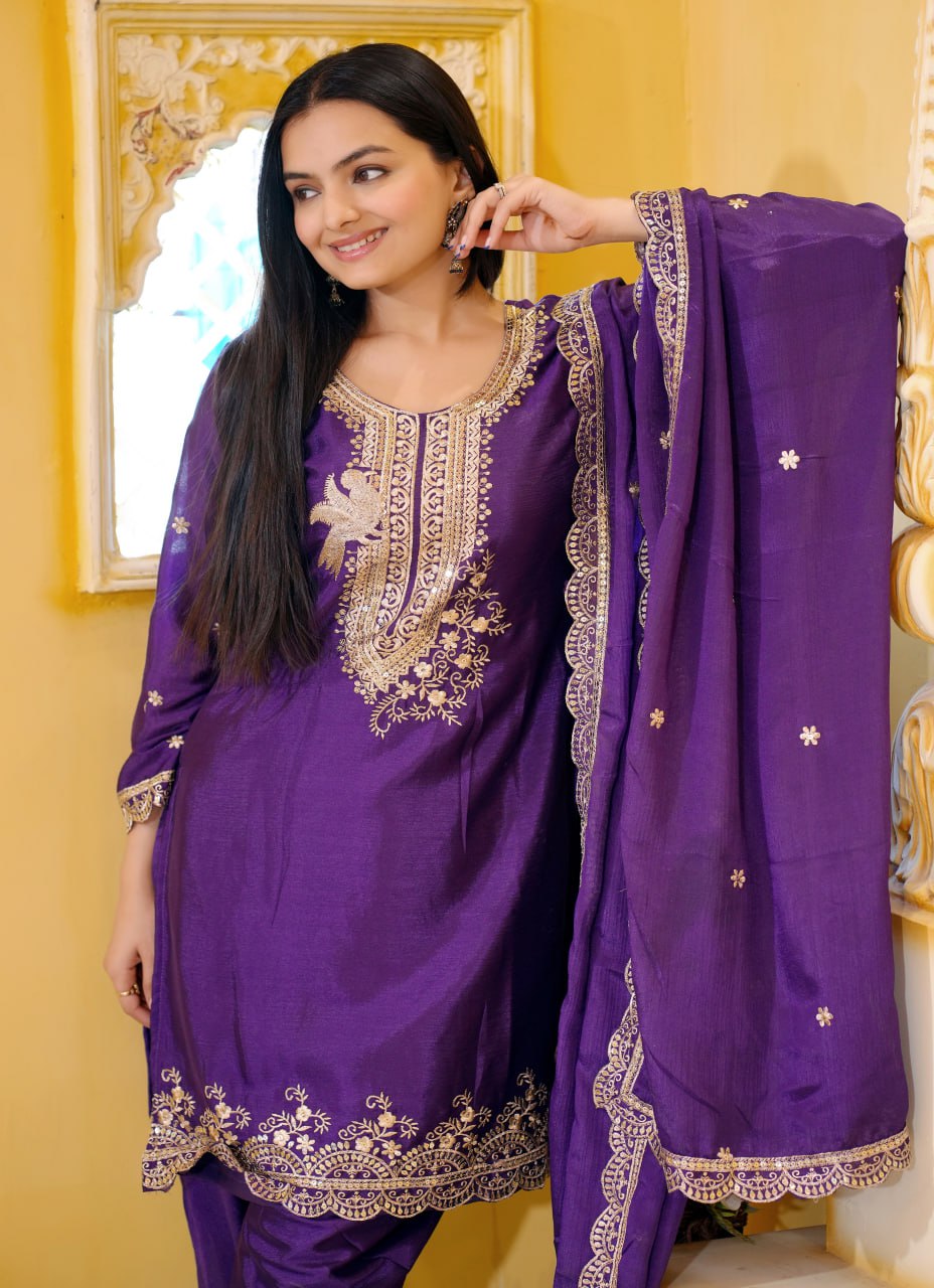 Designer Chinon Dhoti Suit | Sequin Embroidered Party Wear Drape Dress