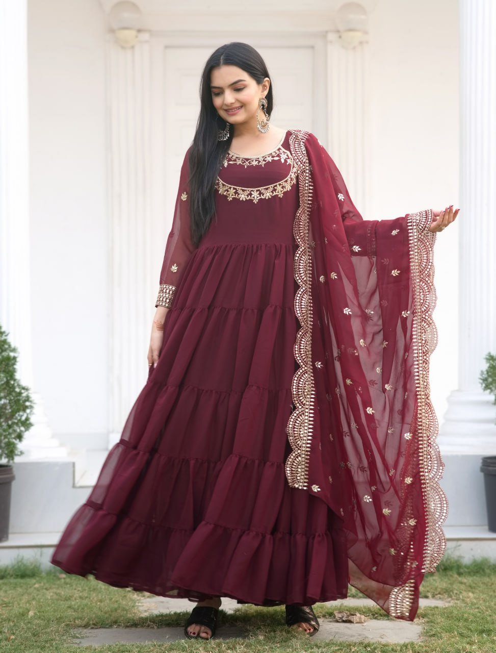 Designer Georgette Sequin-Embroidered Gown | Party-Wear Evening Dress Drape Dress
