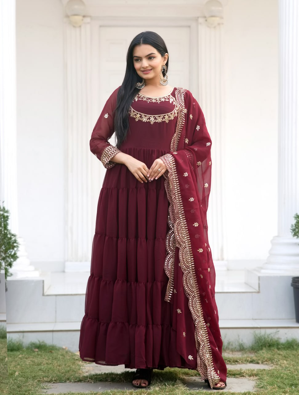 Designer Georgette Sequin-Embroidered Gown | Party-Wear Evening Dress Drape Dress