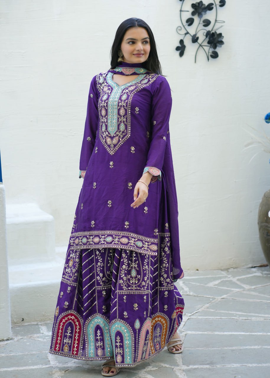 Chinon Sequin-Embroidered Designer Suit | Party-Wear Salwar Kameez Drape Dress