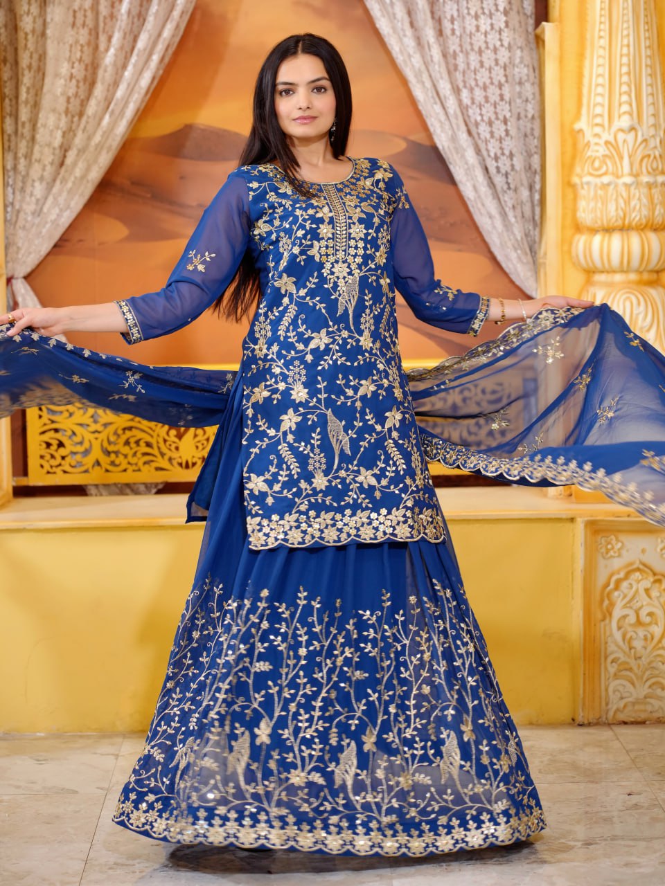 Designer Fox Georgette Sequin-Embroidered Lehenga Suit | Party Wear Drape Dress