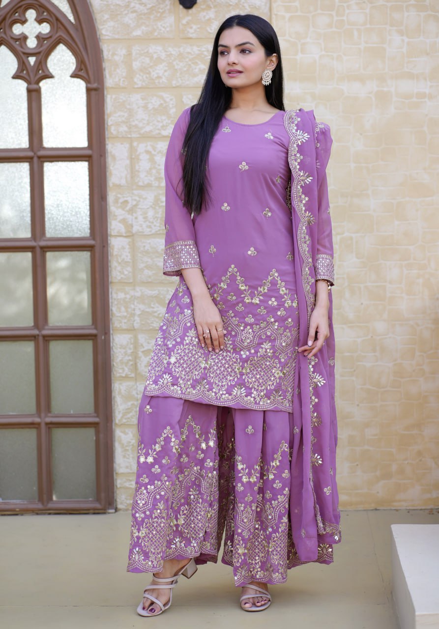 Designer Fox Georgette Sequin-Embroidered Sharara Suit | Party Wear Drape Dress
