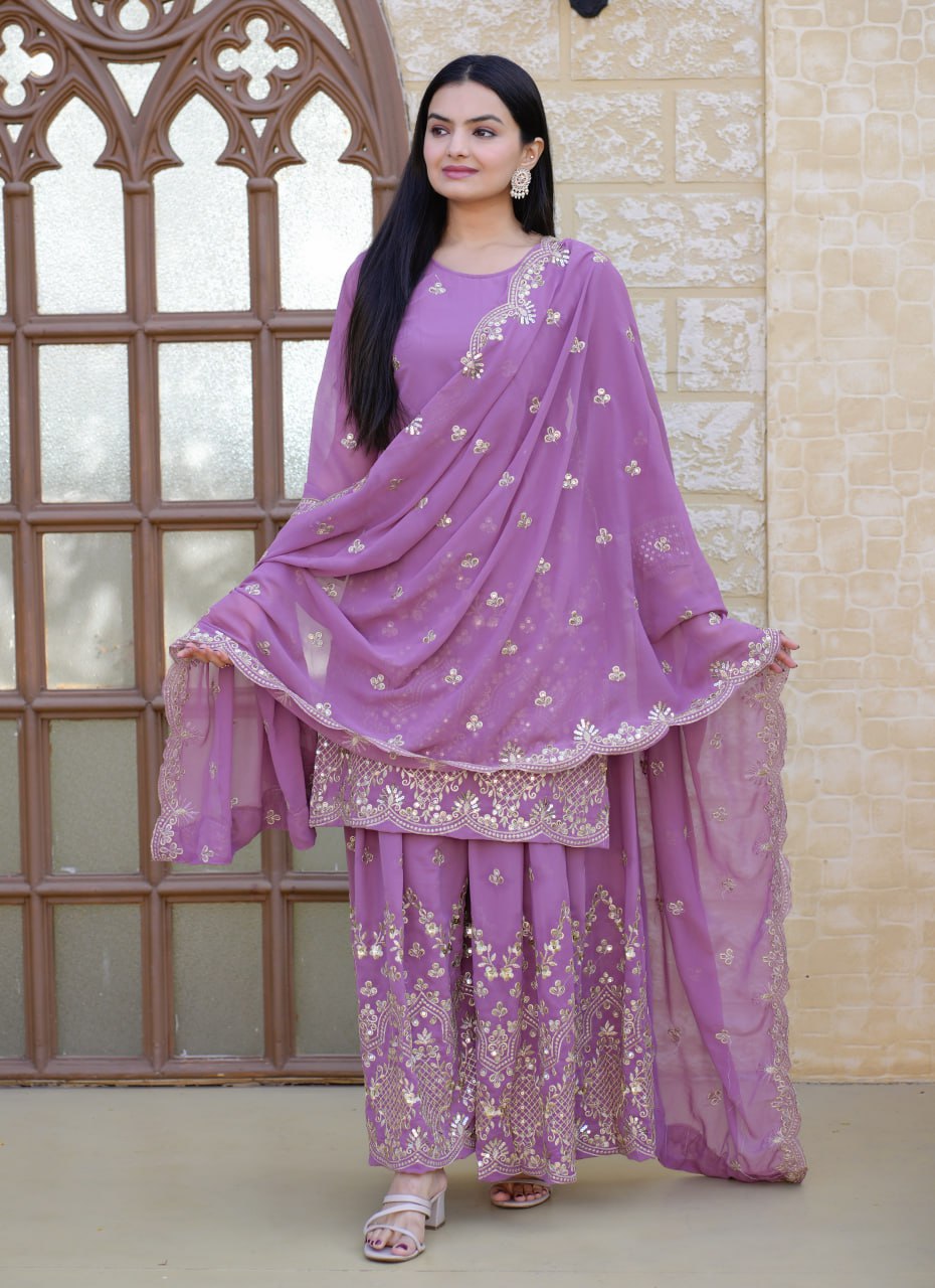 Designer Fox Georgette Sequin-Embroidered Sharara Suit | Party Wear Drape Dress