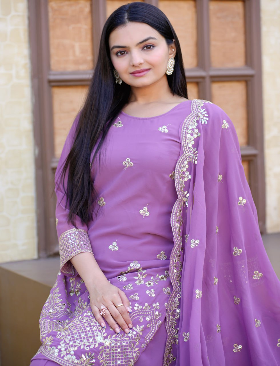 Designer Fox Georgette Sequin-Embroidered Sharara Suit | Party Wear Drape Dress