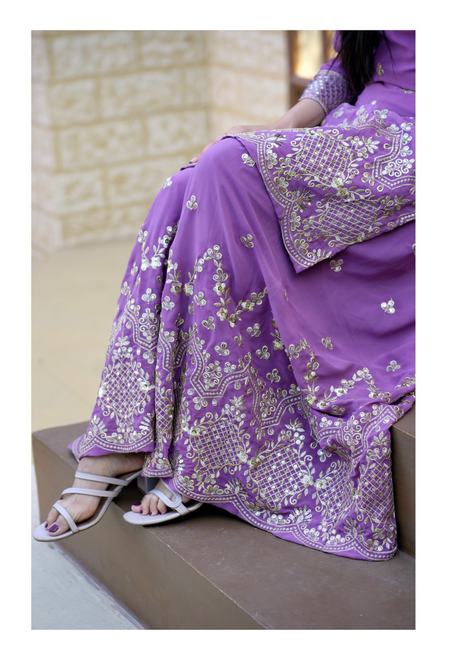 Designer Fox Georgette Sequin-Embroidered Sharara Suit | Party Wear Drape Dress