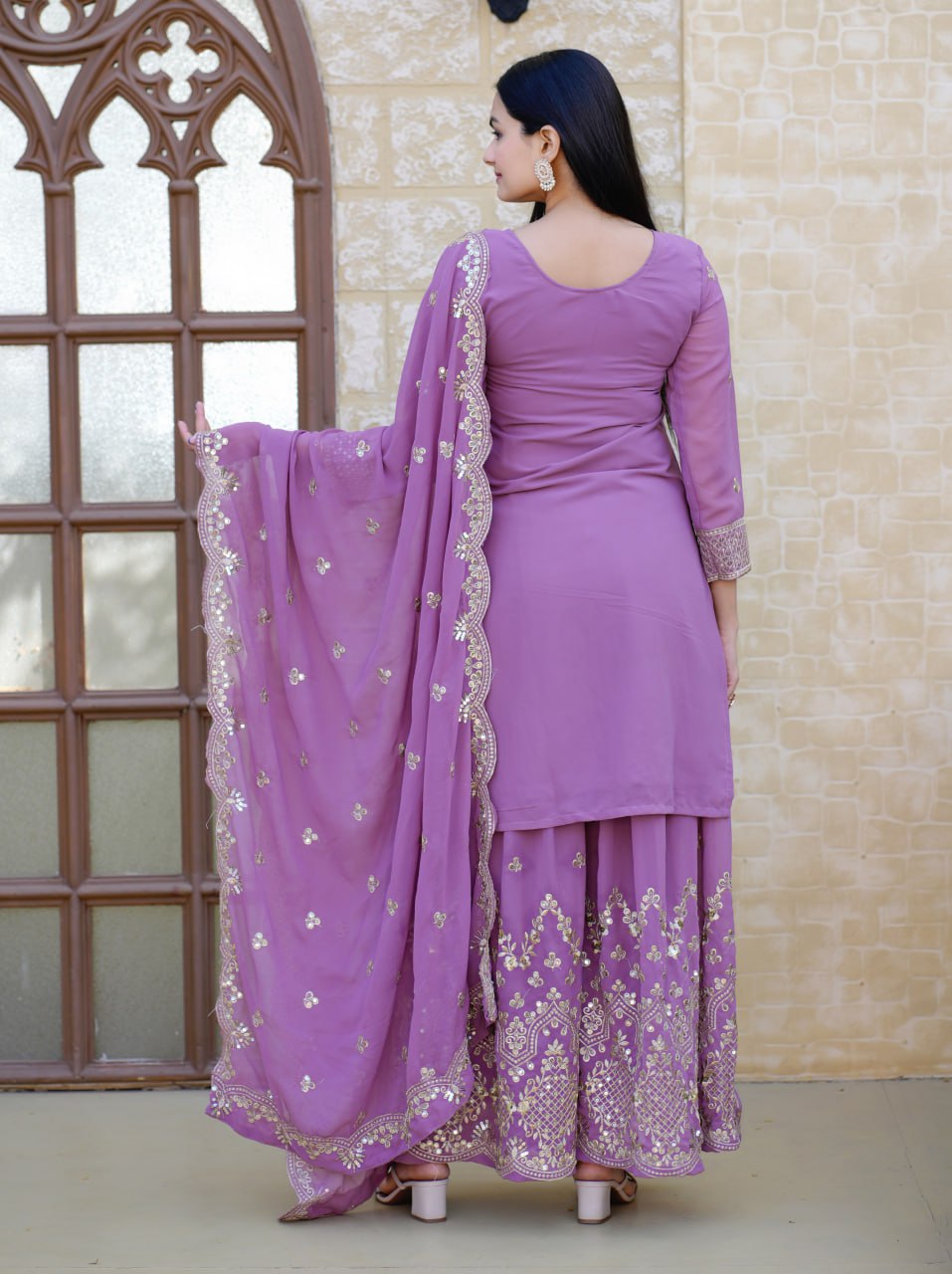 Designer Fox Georgette Sequin-Embroidered Sharara Suit | Party Wear Drape Dress